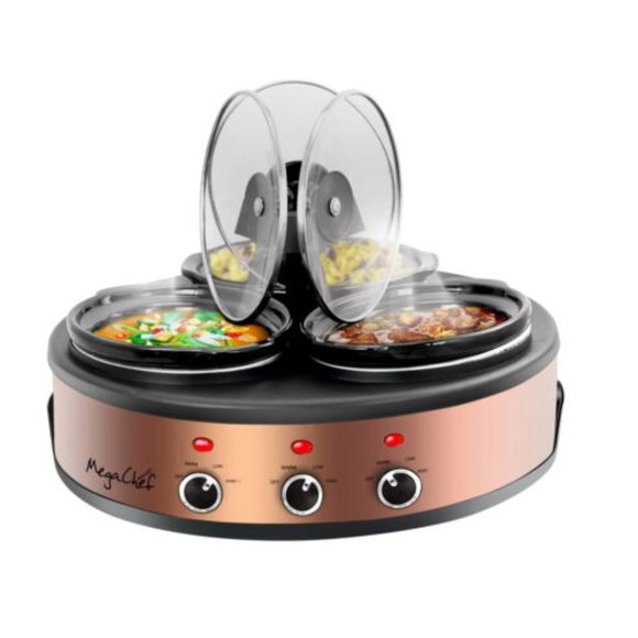 MegaChef Triple 1.5 Quart Slow Cooker and Buffet Server in Copper